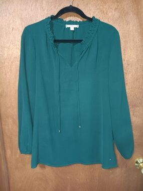Tommy Hilfiger Emerald Green Ruffle-Neck Long-Sleeve Top